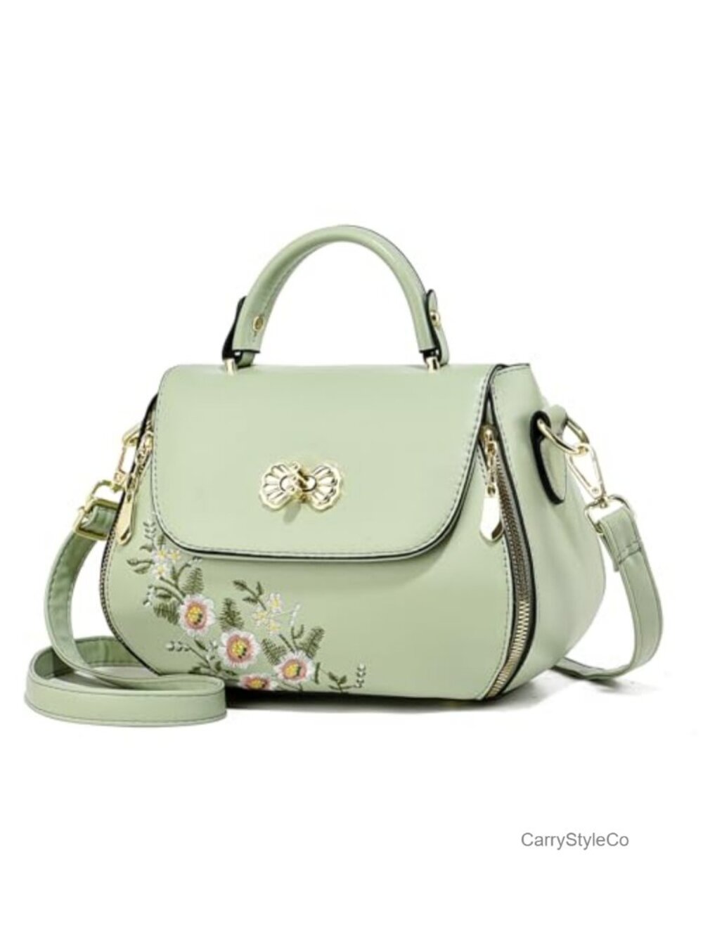 Embroidered Small Top Handle Satchel Purse PU Leather Floral Bucket Bag